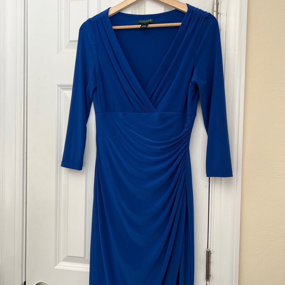 Ralph Lauren Cobalt Blue V-Neck Ruched Midi Dress Size 2 Cocktail Party Slimming